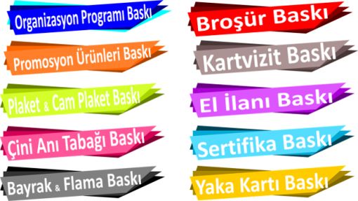 Organizasyon Programı Baskı, Promosyon Ürünleri Baskı, Plaket Baskı, Cam Plaket Baskı, Çini  Anı Tabağı Baskı, Bayrak Baskı, Flama Baskı, Broşür Baskı, Kartvizit Baskı, El İlanı Baskı, Sertifika Baskı, Yaka Kartı Baskı, İpli Yaka Kartı Baskı, Yoyo Yaka Kartı Baskı, Magnet Yaka Kartı Baskı